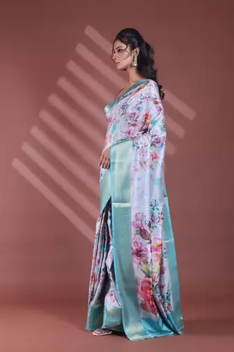 Grey floral print silk soft saree with zari border