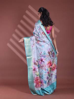Grey floral print silk soft saree with zari border 3