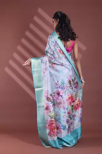 Grey floral print silk soft saree with zari border