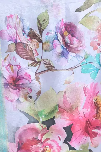 Grey floral print silk soft saree with zari border
