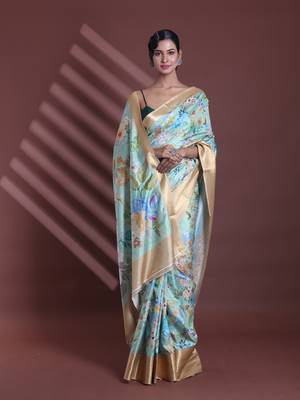 Light green floral print silk soft saree with zari border 1