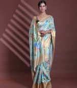 Light green floral print silk soft saree with zari border