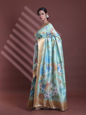 Light green floral print silk soft saree with zari border 2