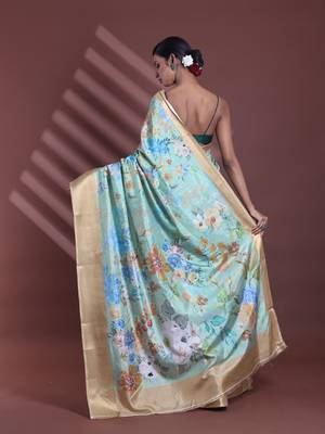 Light green floral print silk soft saree with zari border 3