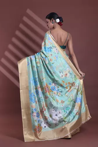Light green floral print silk soft saree with zari border