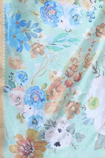 Light green floral print silk soft saree with zari border