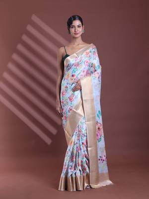 Sky blue floral print silk soft saree with zari border 1