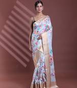 Sky blue floral print silk soft saree with zari border