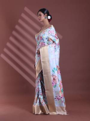 Sky blue floral print silk soft saree with zari border 2