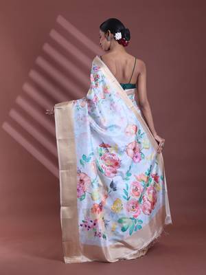 Sky blue floral print silk soft saree with zari border 3