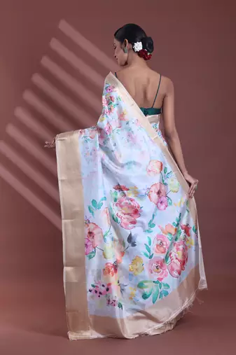 Sky blue floral print silk soft saree with zari border