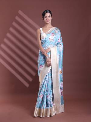 Sky blue floral print silk soft saree with zari border 1