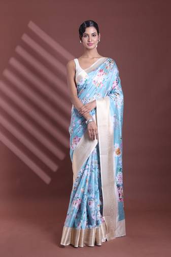 Sky blue floral print silk soft saree with zari border