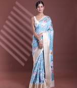 Sky blue floral print silk soft saree with zari border