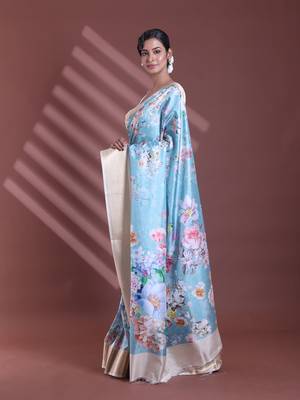 Sky blue floral print silk soft saree with zari border 2