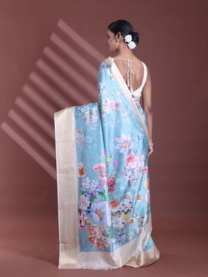 Sky blue floral print silk soft saree with zari border 3