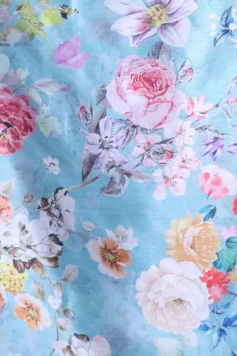 Sky blue floral print silk soft saree with zari border
