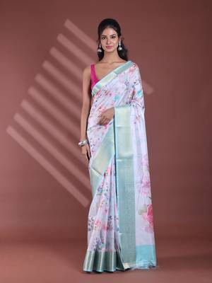Steel grey floral print silk soft saree with zari border 1