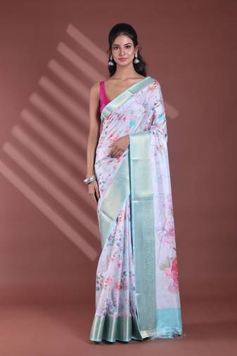 Steel grey floral print silk soft saree with zari border