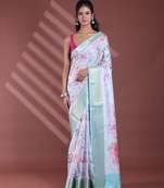 Steel grey floral print silk soft saree with zari border