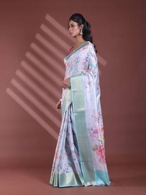 Steel grey floral print silk soft saree with zari border 2