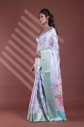 Steel grey floral print silk soft saree with zari border