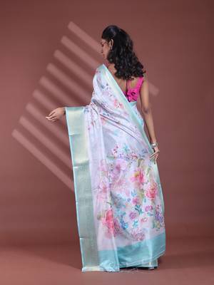 Steel grey floral print silk soft saree with zari border 3