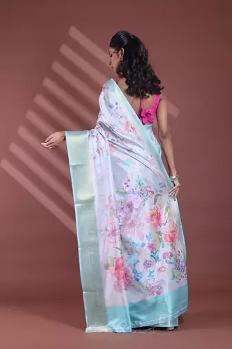 Steel grey floral print silk soft saree with zari border
