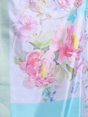 Steel grey floral print silk soft saree with zari border 4