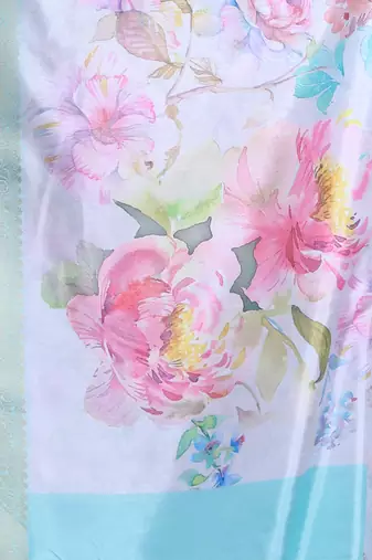 Steel grey floral print silk soft saree with zari border