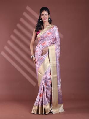 Nude pink floral print silk soft saree with zari border 1