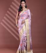 Nude pink floral print silk soft saree with zari border