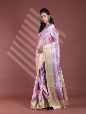 Nude pink floral print silk soft saree with zari border 2