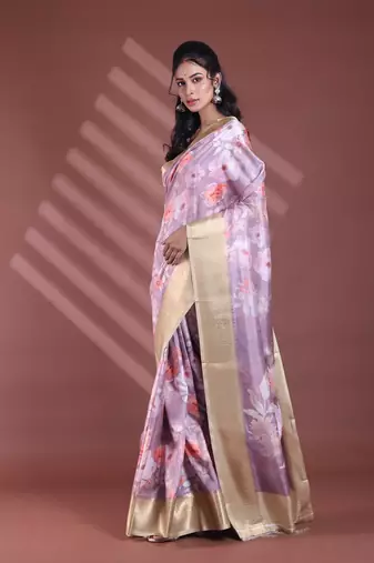 Nude pink floral print silk soft saree with zari border