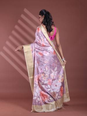 Nude pink floral print silk soft saree with zari border 3