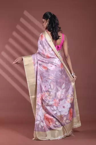 Nude pink floral print silk soft saree with zari border