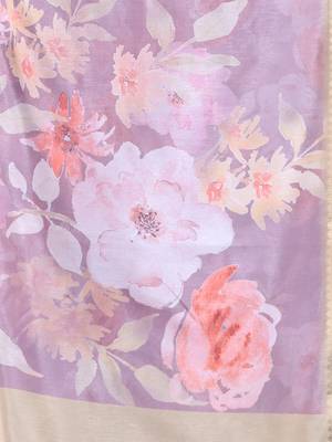 Nude pink floral print silk soft saree with zari border 4
