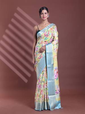 Cream floral print silk soft saree with zari border 1