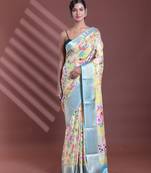 Cream floral print silk soft saree with zari border
