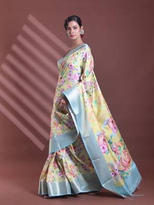 Cream floral print silk soft saree with zari border 2