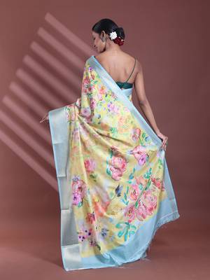 Cream floral print silk soft saree with zari border 3