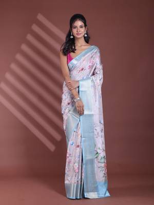 Light beige floral print silk soft saree with zari border 1