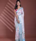 Light beige floral print silk soft saree with zari border