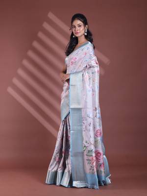 Light beige floral print silk soft saree with zari border 2