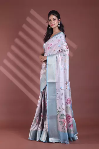 Light beige floral print silk soft saree with zari border