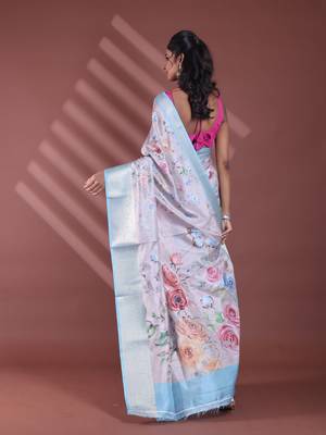 Light beige floral print silk soft saree with zari border 3
