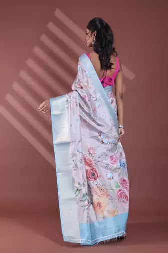 Light beige floral print silk soft saree with zari border