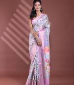 Ecru floral print silk soft saree with zari border