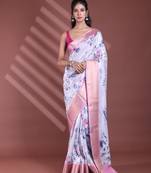 Light lavender floral print silk soft saree with zari border