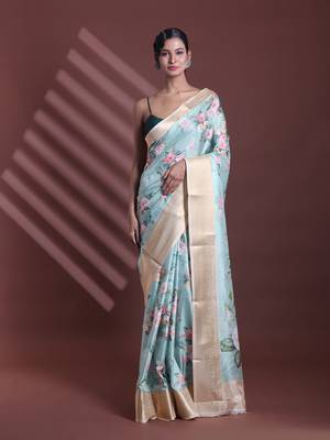 Mint green floral print silk soft saree with zari border 1